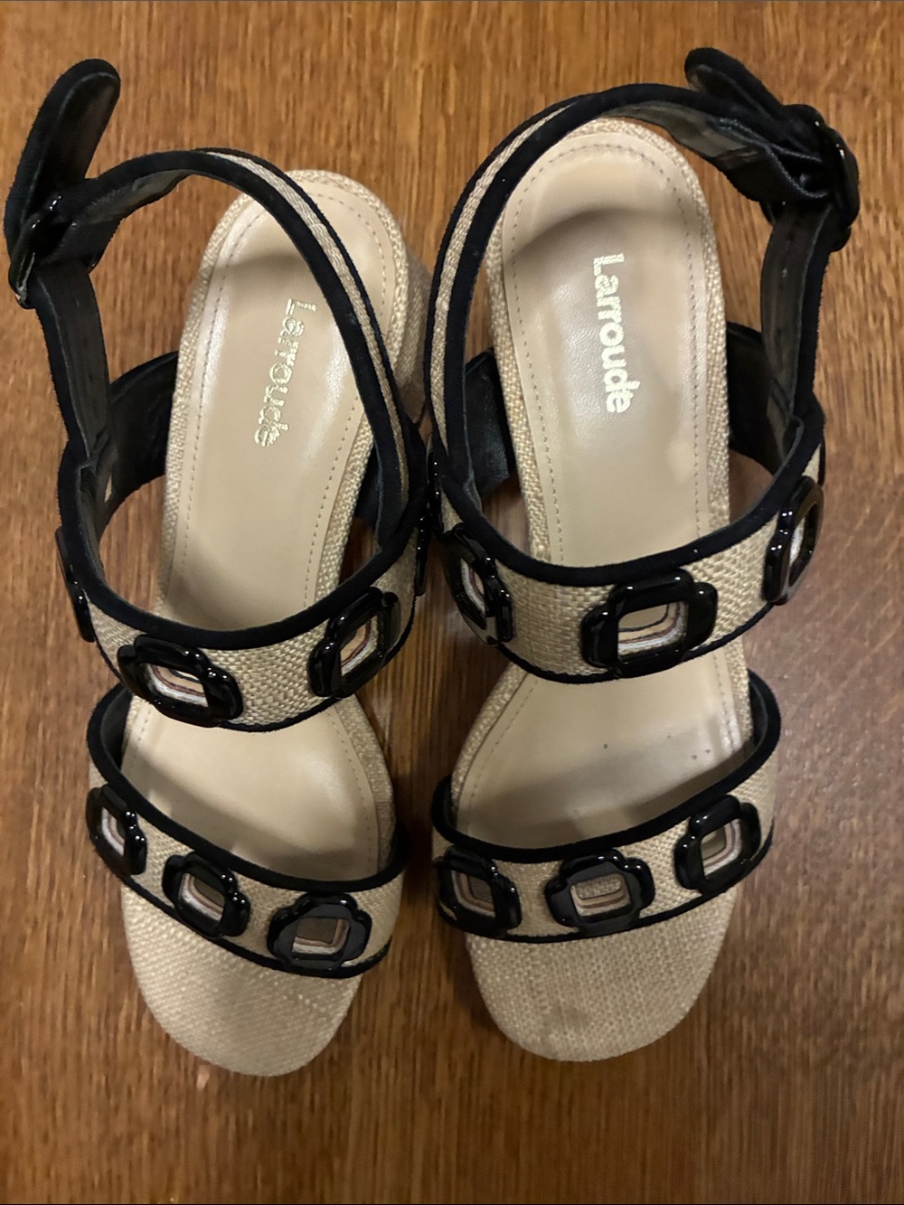 Larroude Black and Beige Open-Toe Heeled Sandals with Decorative Buckles - Picture 2 of 4